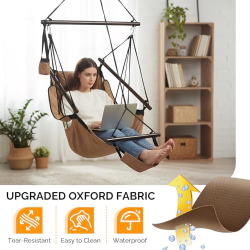 Image of ONCLOUD Upgraded Unique Hammock Sky Chair, Air Deluxe Hanging Swing Seat with Rope Through Beech Wood Bar Safer Relax with Drink Holder & Fuller Pillow for Indoor Outdoor Patio Yard 250LBS (Tan)