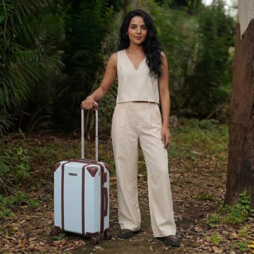 Image of Assembly Vintage 20 Inch (55cm) Cabin Trolley Bag Hard Shell Polycarbonate Suitcase Retro Classic Design with TSA Lock 8 Spinner Wheels Carry On Luggage Blue