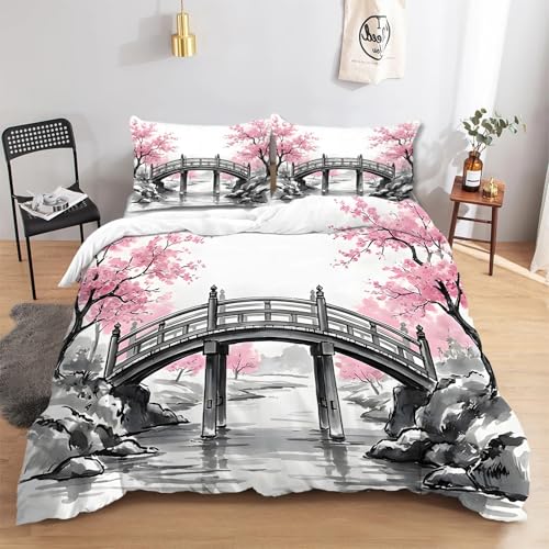 PNHCL Housse de Couette 220x240 cm Style Japonais, avec 2 Taie d'oreiller 65x65 Cm, Parure de Lit Japon, Mont Fuji, Fleurs de Cerisier, Housse de Couette...