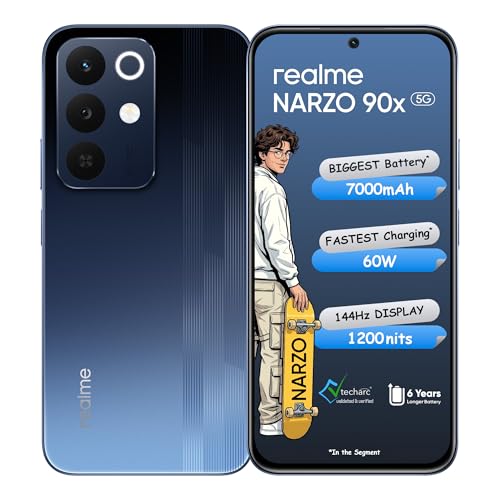 realme NARZO 90x 5G (Nitro Blue, 8GB+128GB) | 7000mAh + 60W Biggest Battery & Fastest Charging in The Segment* | 144Hz Bright Display | Sony 50MP AI Rear Camera | AI Assist | 400% Ultra Boom Speaker realme NARZO 90x 5G (Nitro Blue, 8GB+128GB) | 7000mAh + 60W Biggest Battery & Fastest Charging in The Segment* | 144Hz Bright Display | Sony 50MP AI Rear Camera | AI Assist | 400% Ultra Boom Speaker
