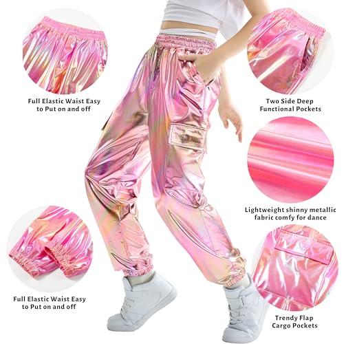 Image of Rolanko Girls Shiny Metallic Cargo Pants, Sparkle Jogger Pants for Girls Hip Hop Dance Streetwear Cargo Trousers 6-15 Years
