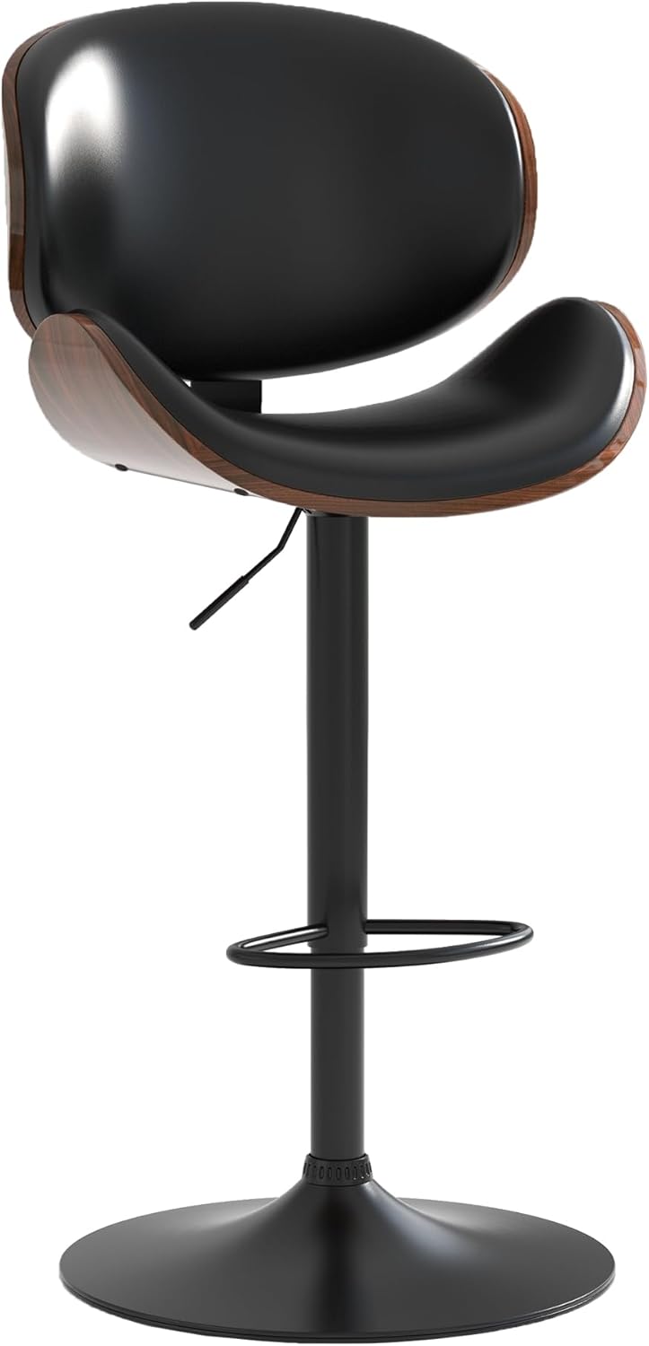 Adjustable Swivel Bar Stools 1 PC, Modern Bentwood Barstool with Large Metal Base and Footrest, PU Leather Upholstered Bar Chair with Curved Back for Kitchen Island Dining Room, Black