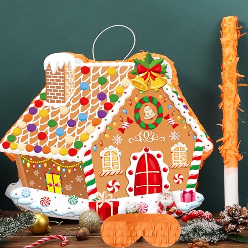 Harrycle EU-HARRYCLE-07955 Christmas Gingerbread House Piñata 16 Inch Christmas Mexican Piñata With Stick Blindfold And Confetti Pack Christmas Piñata Bundle For Xmas Birthday Holiday Piñata Game Favors Photo Prop Decoration thumb #1