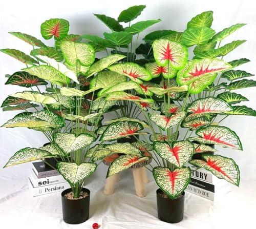 Image of Dekorly Plastic Artificial Palm Plants Leaves Faux Turtle Leaf Fake Monstera Tropical Large Palm Tree Leaves Outdoor Leaf Decorations | 26Inch Plant with Blackpot (White-Green-Leaves)