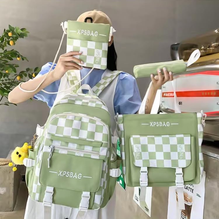 Y2k Checkered Backpack Set with Pendant Cute Trendy Japanese College Preppy Backpack Aesthetic Accessories (Green,One Size)2