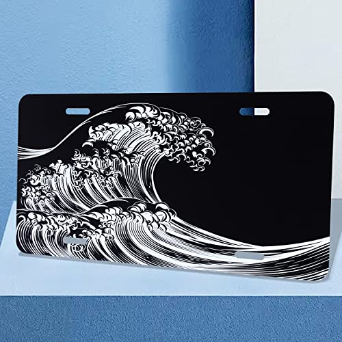 Ocean Waves License Plate Cover Great Waves License Plate Funny Car Decoration Vanity Tag Stainless Steel License Plate Frame Fits Any Standard Us License Plate Holder 6.2X12.2 For Women Men #TOP1