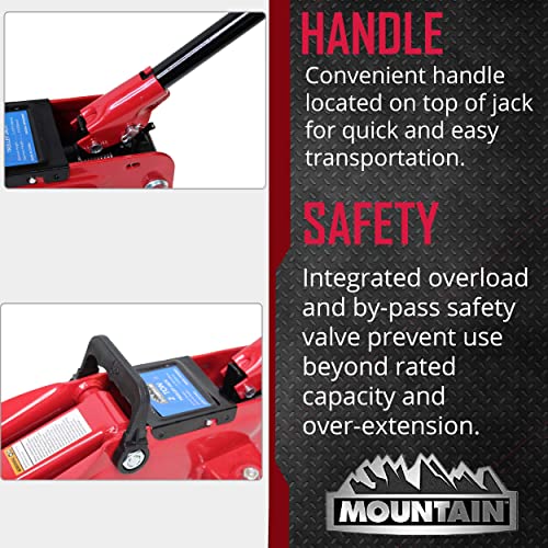 Mountain 22007 2 Ton Automotive Trolley Floor Jack For Garages, Repair Shops And Diy, Portable, Compact, 4,000 Lbs. Capacity, Hydraulic Lifting Range 5" - 13", Heavy Duty Steel, Safety Valve, Red #TOP4