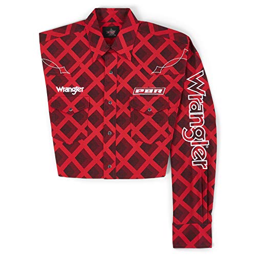 Wrangler Men's Diamond Print PBR Logo Long Sleeve Western Shirt Red Medium