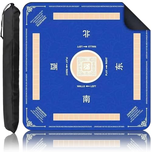 Mahjong Mat,Royal Blue Design with Chinese Direction Characters,Anti-Slip Noise Reduction Game Mat 31.5×31.5 Inch for Poker,Board Games, Dominoes and Card Games