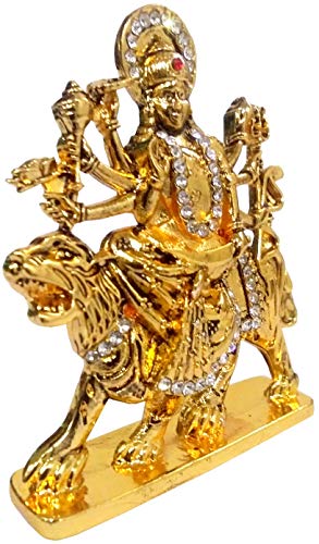 Estatua Metalica Maa Durga Dorada con Piedras Brillantes miniatura 3