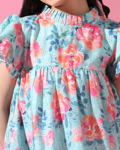 Image of Cherry & Jerry Blue Floral Print Schiffli Dress