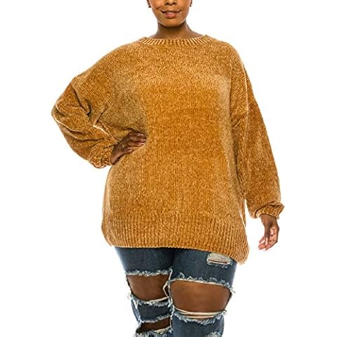 Womens Plus Size Round Neck Cozy Chenille Sweater Trendy Oversize (XL, Mustard) Cover