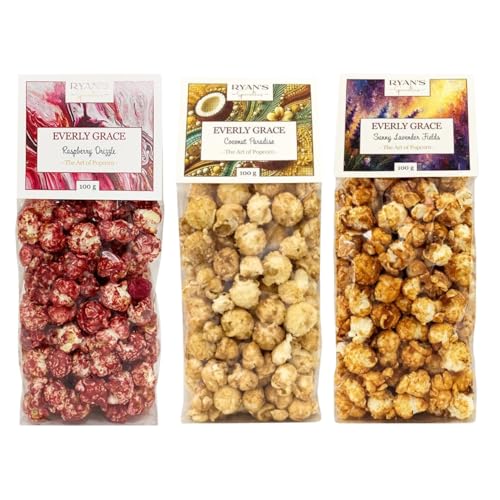 Everly Grace Popcorn Summer Bundle, je 100 g Sommerliche Gourmet-Popcorntüten mit Raspberry Drizzle, Coconut Paradise & Sunny Lavender Fields, Handgefertigt in Deutschland, Fruchtig, blumig & exotisch