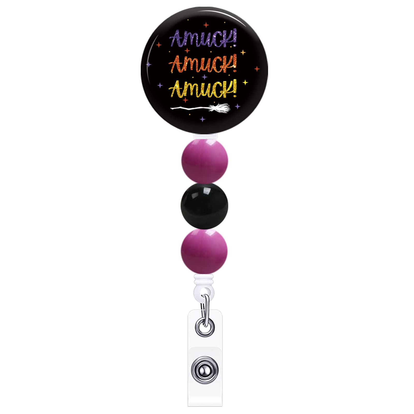Photo 1 of Halloween Badge Reel Retractable ID Clip with Bead Amuck!Amuck!Amuck! Funny Badge Holder Alligator Clip Holiday Nurse Office Staff Students Name Tag Decoration Badge Clip Amuck With Bead