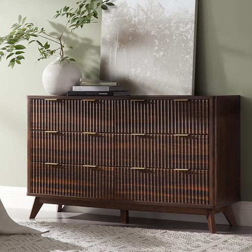 AetherWood Kommode mit 6 Schubladen 137 cm Breit Moderner Rillen-Schubladenschrank Gewölbtes Design Sideboard für Schlafzimmer & Wohnzimmer Dunkel-Walnuss