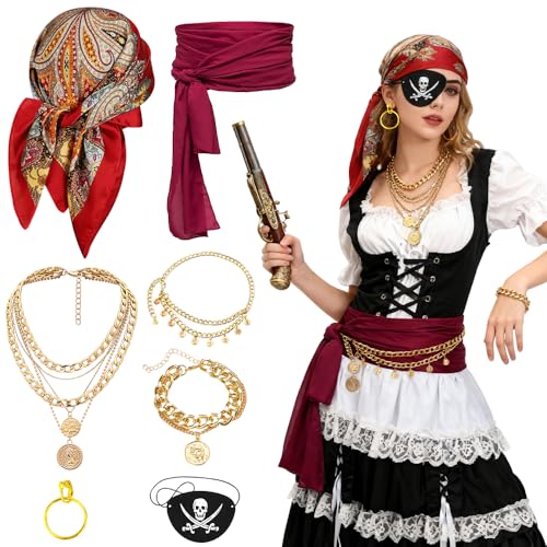 SGZIOO Costume Pirate Femme, 7Pcs Deguisement Pirate Femme, avec Cache Oeil Pirates, Corset Pirat Femmes, Bandana Pirat, Collier en Or, Déguisement Carnaval pour Halloween, Cosplay (7PCS)