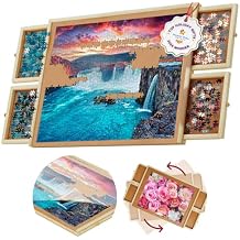 Rotating 1000 Piece Wooden Puzzle Board | 30" x 22" Puzzle Table | 4 Drawers, Protective Cover Included, Portable Jigsaw Pu