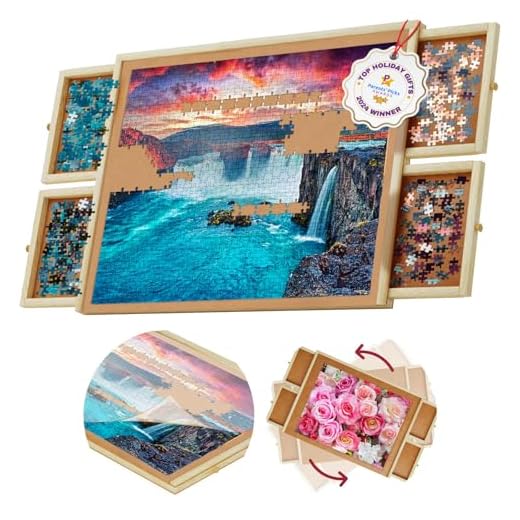 1000 Piece Wooden Jigsaw Puzzle Table - 4 Drawers, Rotating Puzzle Board | 30” X 22” Jigsaw Puzzle Board | Puzzles Cover Included - Portable Puzzle Tables for Adults and Kids by Beyond Innoventions