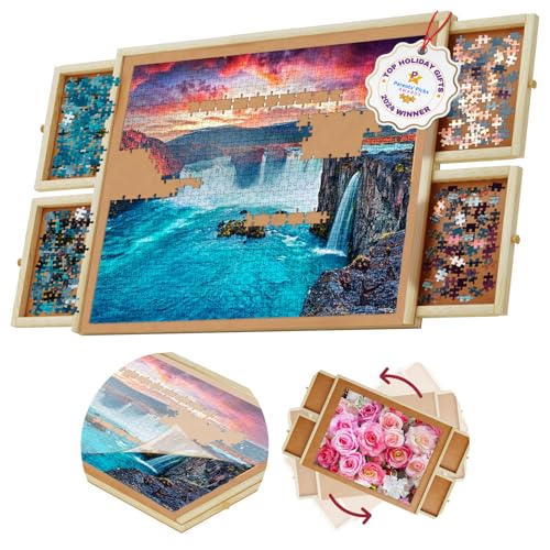 1000 Piece Rotating Puzzle Board with Drawers and Cover - 4 Drawers, Wooden Jigsaw Puzzle Table | 30” X 22”| Jigsaw Puzzle Board - Portable Puzzle Tables for Adults and Kids by Beyond Innoventions