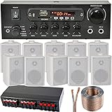 Contenu : --------> 1 amplificateur HiFi Bluetooth 110 W ----- 10 (5 paires) haut-parleurs satellites blancs 60 W – Supports muraux inclus ----- 1 répartiteur de haut-parleur 5 ports (cela fournit 5 zones et maintient un vrai signal stéréo) ----- Bobine de 100 m de câble d'enceinte de qualité 1,5 mm² (CCA) ----- 1 x câble d'alimentation secteur britannique ----- 1 x manuel d'instructions (français non garanti)