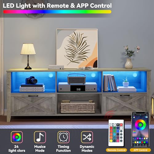 DWVO 70 Inch Farmhouse TV Stand with LED Lighting, Fits TVs up to 80 Inches, Media Console with Storage and Customizable Divider, Entertainment Center for Living Room (Grey)