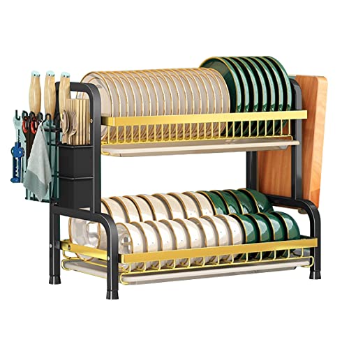 Vinteky Egoutoire Vaisselle 2 Étages Cuisine Egouttoir Vaisselle INOX Robuste avec Support pour Couverts, Planche À Découper sur Évier, Égouttoir À Vaisselle pour Ranger Les Plats