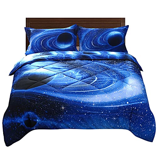 ENCOFT 3D Galaxy Comforter Sets Full Size for Teen Kids, Space Outer Sky Comforter Bedding Sets 3 Piece, 1 Comforter, 2 Pillowcases (Full, Galaxy Blue Comforter Sets)