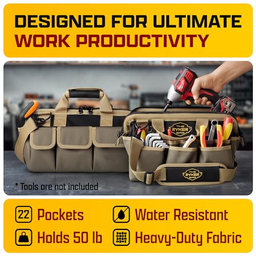 The Ryker Heavy Duty Tool Bags for Men/Women. 14 Inch Small Wide Mouth Mechanic/plumber/Contractor/Electrician Tool Bag Organizer 22Pockets Soft Portable Tools Bags Organizer Toolbag for plumbing