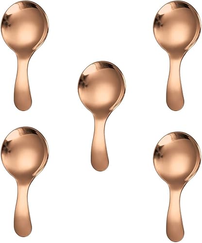 5 cucharas de mango corto, mini cucharas de acero inoxidable, cuchara redonda gruesa para condimentos de sal, postre té, café (oro rosa)