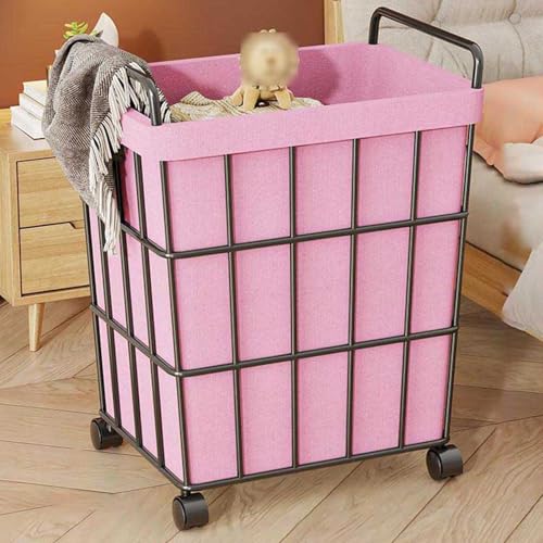 Laundry Baskets with Rolling Lockable Wheels, Laundry Hamper with Handles, Detachable Liner Metal Bracket, Dirty Clothes Hamper(Pink,48x31x21cm/19x13x9in)