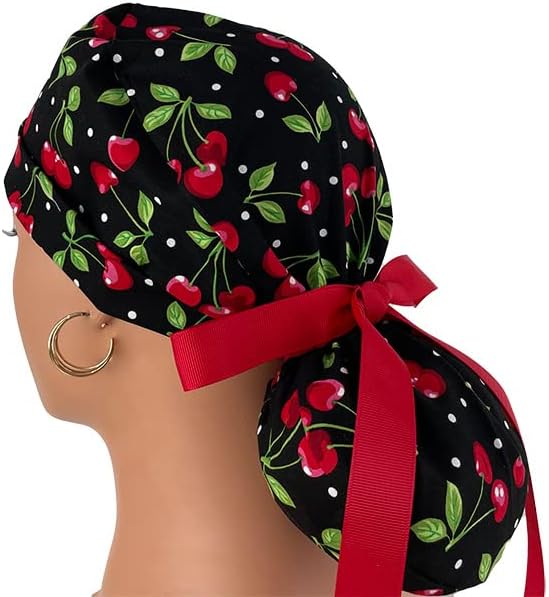 Turn Up Ponytail Medical Scrub Cap – Sweet Cherries - Hats for Dr, Nurses, Bouffant Scrubs, Unisex for Women & Men tie Back | Working Cap