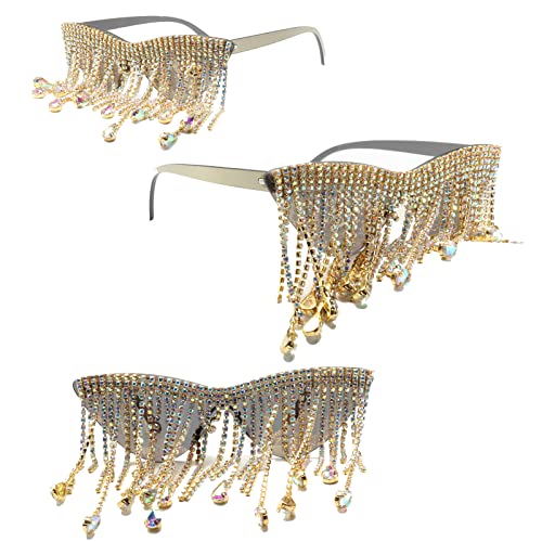 Colorful Tassel Cat Eye Sunglasses Rimless Men Women 90s Disco Sunglasses Oversized One-Piece Sunglasses With Rhinestones2