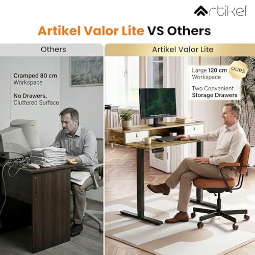 Image of ARTIKEL Valor Lite Electric Height Adjustable Standing Desk with Storage Drawers & Shelves| Sit-Stand Desk for Home Office |Ergonomic Workspace Table|120x60cm|Rustic Brown