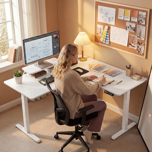 Image of Furmax 63 x 47 Inch L Shaped Standing Desk with 2 Preset Heights, Electric Height Adjustable Computer Desk, Corner Sit Stand Desk for Home Office, 2 Hooks & Feet Balance (White, 63 x 47 Inch)