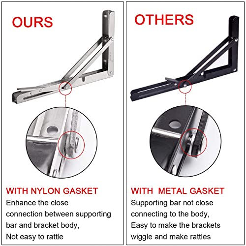 YUMORE Folding Shelf Brackets 8\", Max Load: 300lb Heavy Duty Stainless Steel Collapsible Shelf Bracket for Table Work Bench, Space Saving DIY Bracket, Pack of 2 - Thumbnail 4