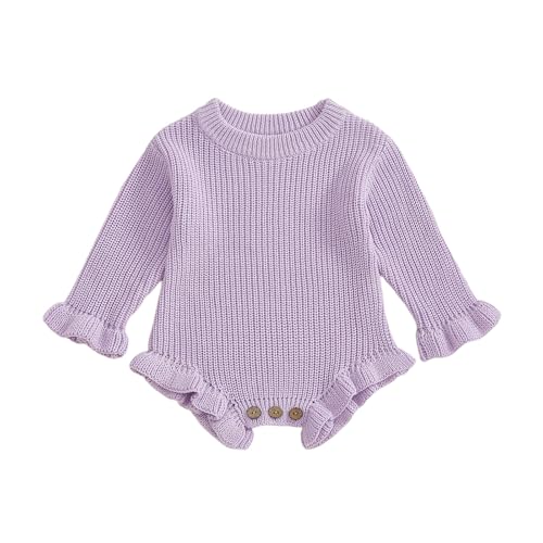 woshilaocai Baby Girl Ruffle Sweater Knitted Romper Long Sleeve Newborn Sweatshirt Clothes (3 Months,Lilac)