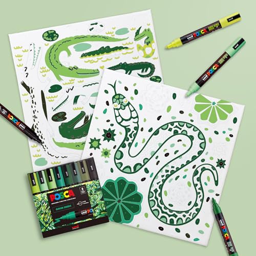 Image of POSCA Canvas Paint by Number Kit, Swamp & Slither - 8 Acrylic Markers with 2 Pre-Drawn Canvases - Gift Set for Artists, Adults and Kids