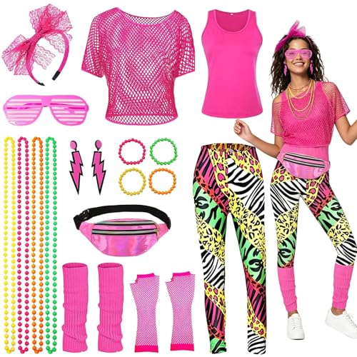 BIQIQI Déguisement Année 80 Femme, Deguisement Disco Femme Accessoire avec T-shirt Resille, Legging, Sac Banane, Colliers, Bracelets, Gants, Tenue Annee 80...