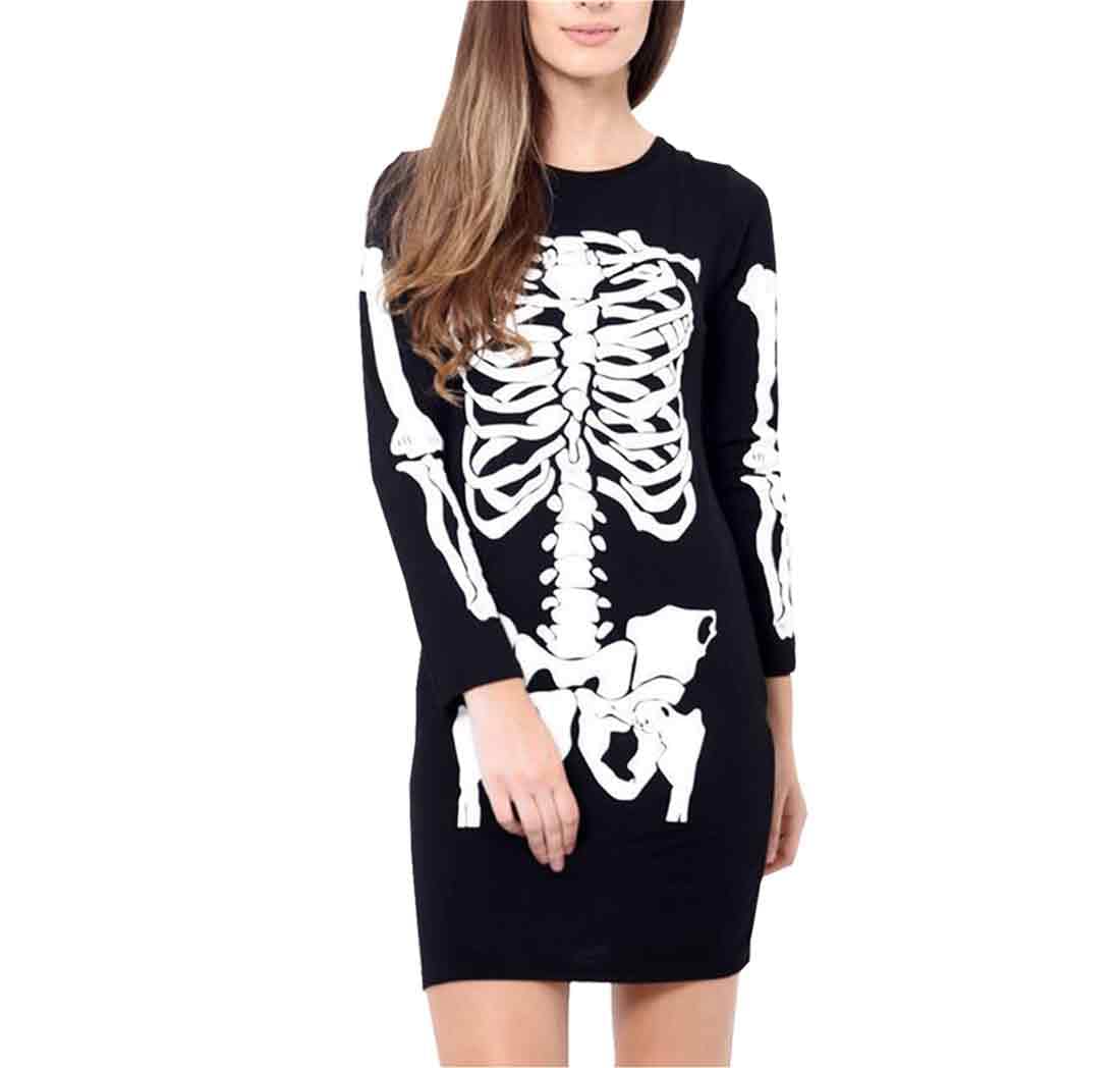 Fairy Boutique Women's Black Long Sleeves Scary Bodycon Mini Dress Halloween Outfit Skeleton T Shirt Dress