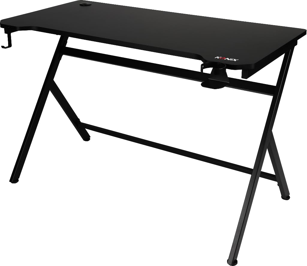 Konix Scrivania gaming Fenris 120 x 60 x 78 cm a forma di Y - Piano del tavolo in legno e metallo - Portabicchieri - Supporto per cuffie - Nero