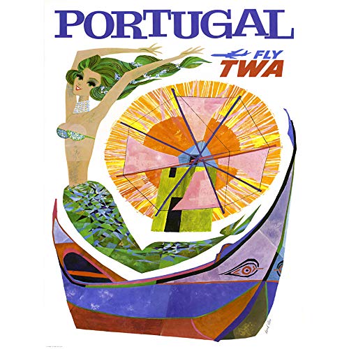 Portugal Travel TWA Airline Windmill Mermaid Wall Art Print Framed 12x16