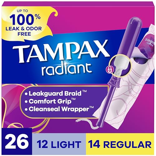 Tampax Radiant Tampons Multipack, with LeakGuard Braid, Light/Regular Absorbency, Unscented, 26...