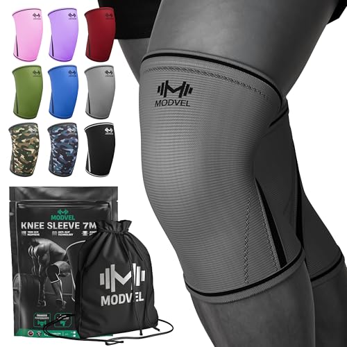Image of Modvel 7mm Neoprene Knee Sleeves for Men & Women Weightlifting & Powerlifting - Compression Knee Sleeve Support for Squats, Gym, Training - USPA, IPL Approved - Large Grey (Pair)