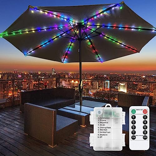 DINOWIN Parasol Lights 104 LED Waterproof Battery Garden Lights Patio Umbrella Lights with Remote Control 8 Modes Umbrella String Lights for Patio Camping Tents (Multicolor)