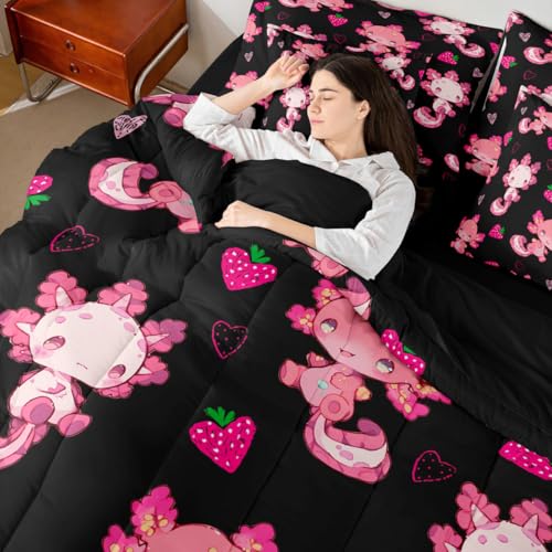 Image of Feelyou Kids Cute Axolotl Bed in A Bag Twin Size, Strawberry 7 Pieces Bedding Set Boys Girls Kawaii Ocean Sealife Comforter Set with Sheets Cartoon Fruit Teens Bed Set 7Pcs