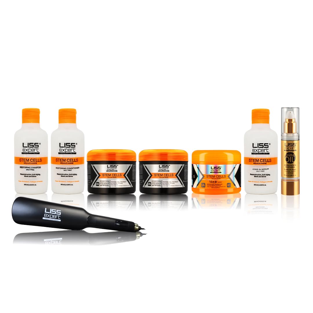 Liss Expert Stem Cells 8.45 oz x 2 Hair Care Set, Shampoo, Conditioner, Deep Masks, Leave-In Serum, Hair Oil, Titanium Flat Iron