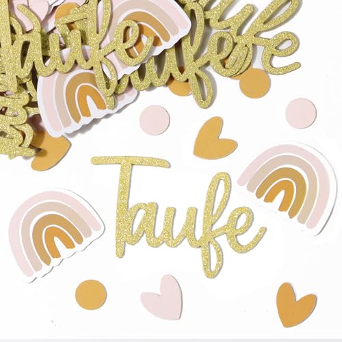 BETESSIN Tischdeko Taufe Mädchen Rosa - 100 Stück Streudeko Taufe Konfetti mit Boho-Regenbogen & Herzen Motiven - Taufdeko für Mädchen & Jungen