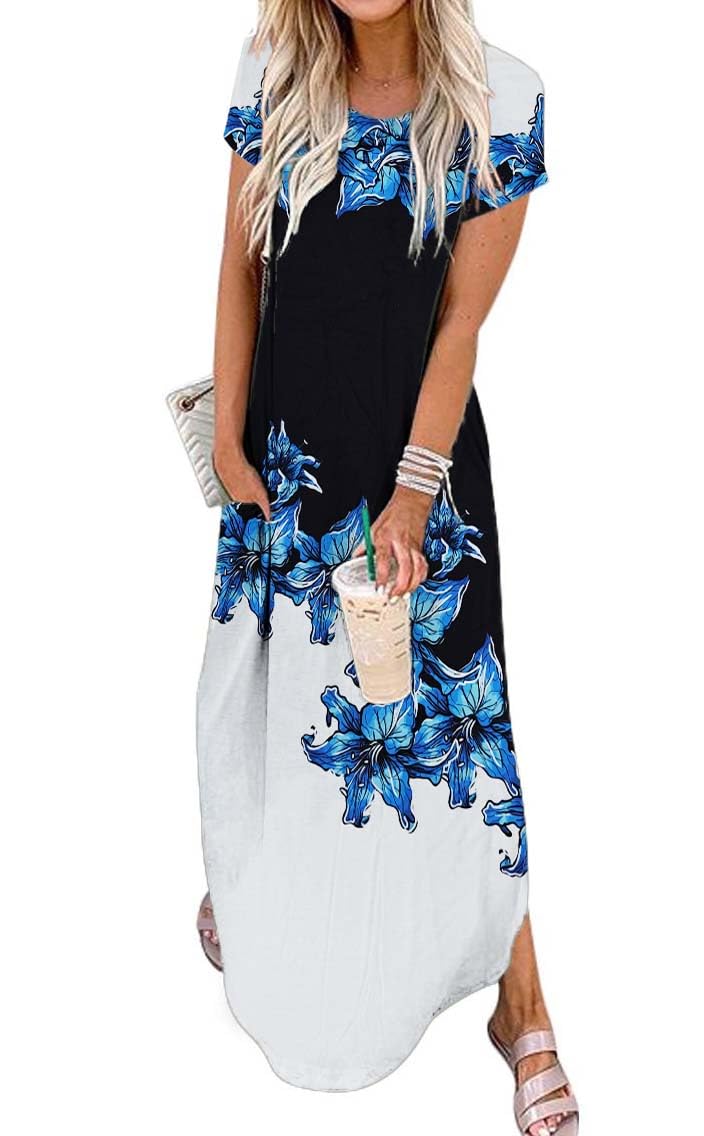 Jeqeocafy Women Summer Long Sundress Crewneck Short Sleeve Maxi Dress 2026 Casual Loose Beach Dress with Pockets