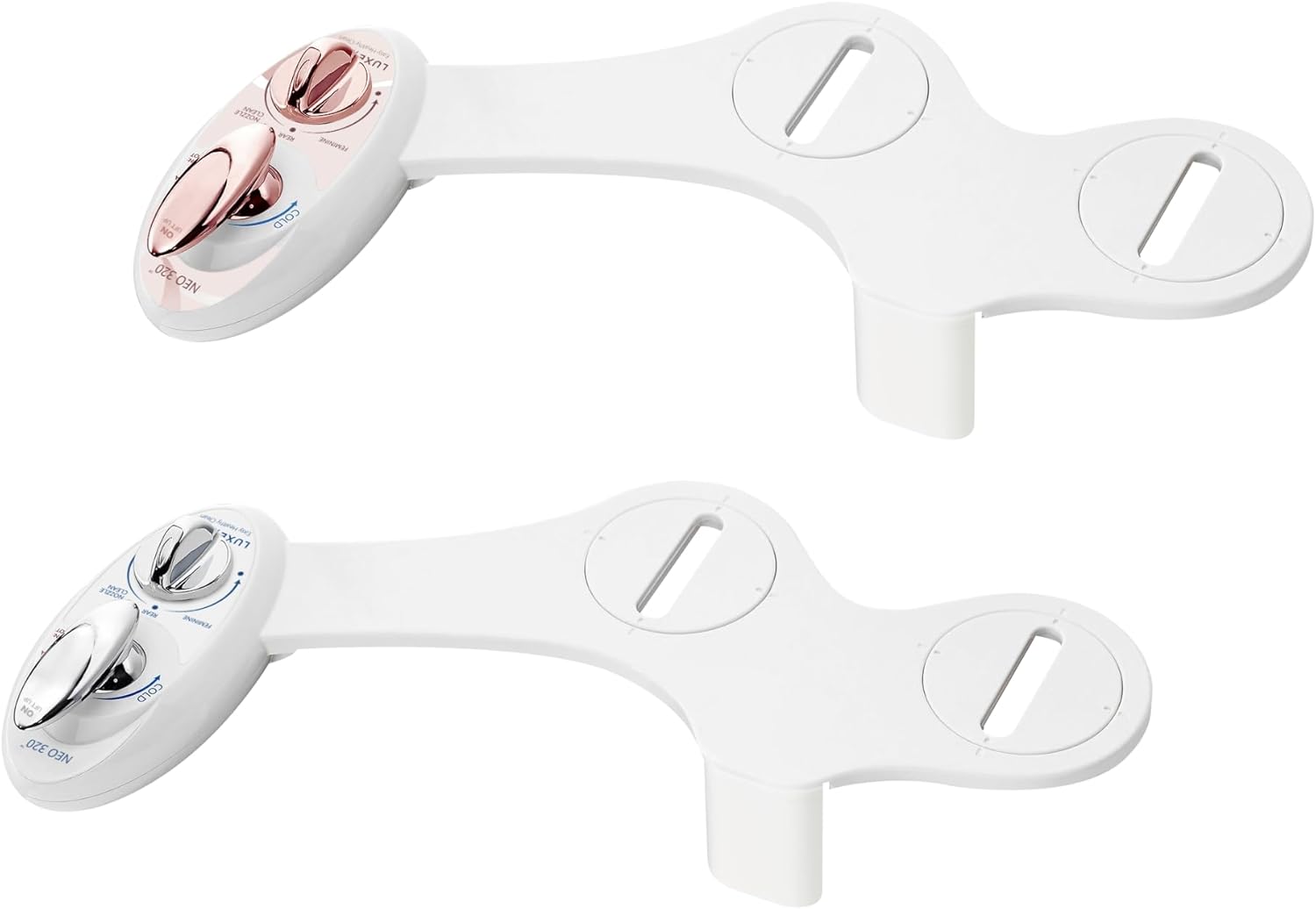 LUXE Bidet NEO 320 - Value Pack of 2 - Hot and Cold Water, Self-Cleaning, Dual Nozzle, Non-Electric Bidet Attachments for Toilet Seat (Rose Gold & White)