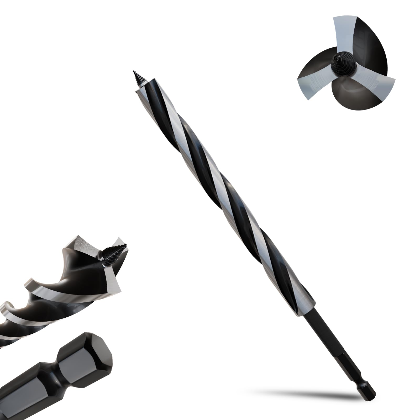METOTY 16mmx230mm Auger Drill Bit Extra Long Drill Bits,6.35mm Hex Shank for Wood with Quick Change - 3-Cutter Design with Dual-Flute for Fast Chip Removal, Fits Hardwood, Softwood, PVC, Drywall — image 1